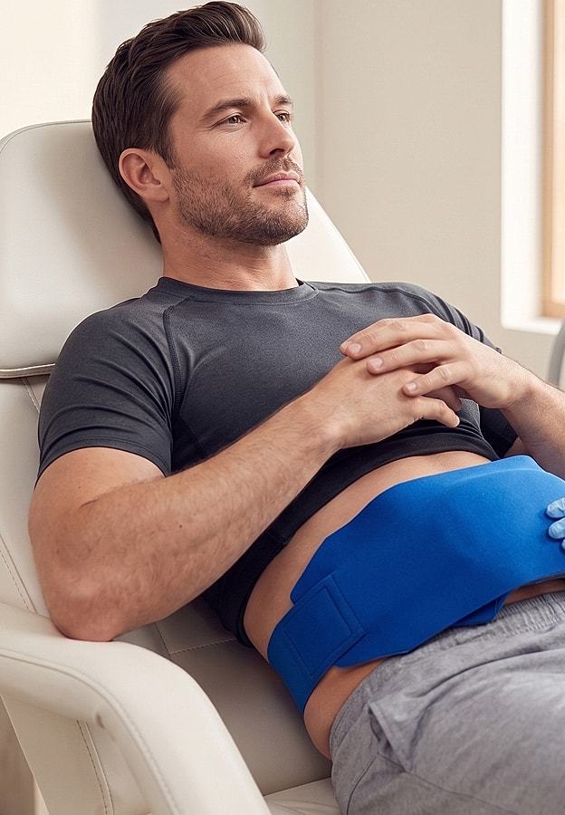 Man relaxing with blue heating pad on stomach
