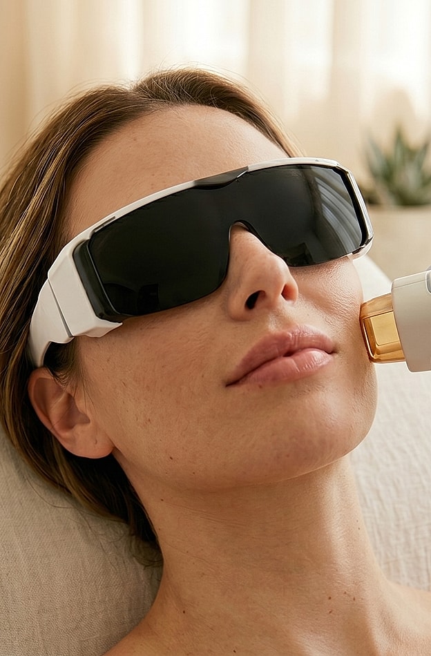 Woman using skincare device with protective glasses.