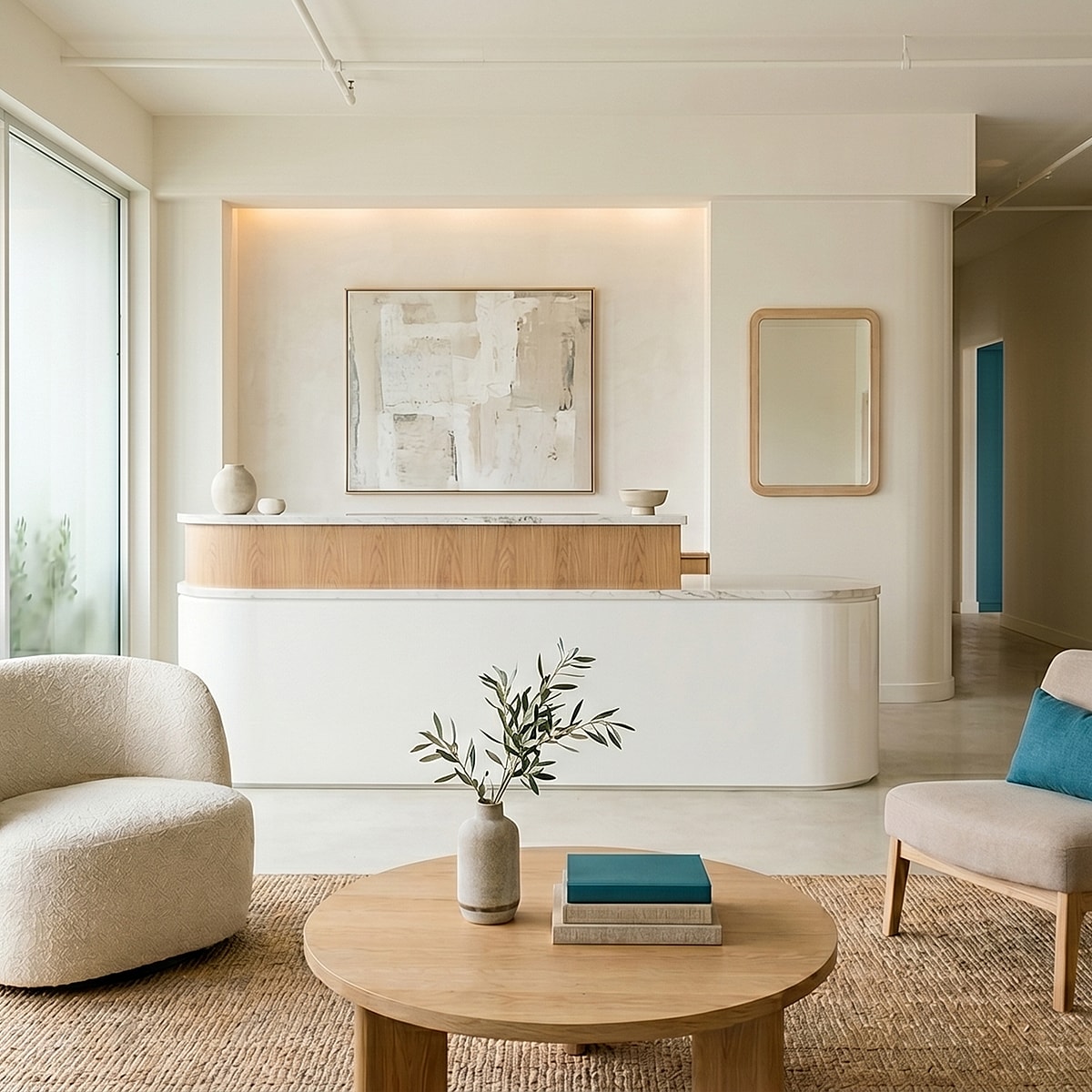 Modern reception area with wooden accents.