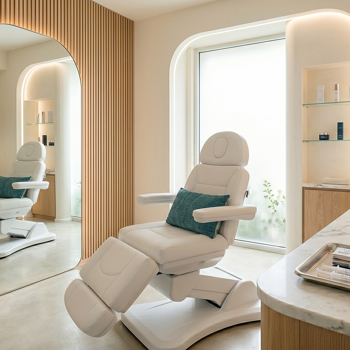 Modern aesthetic treatment room with examination chair