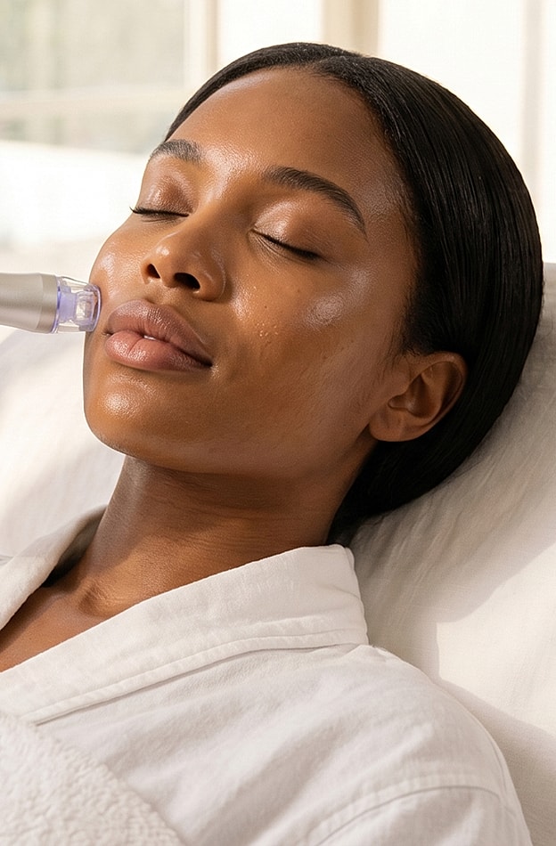 Woman receiving facial treatment in spa setting.