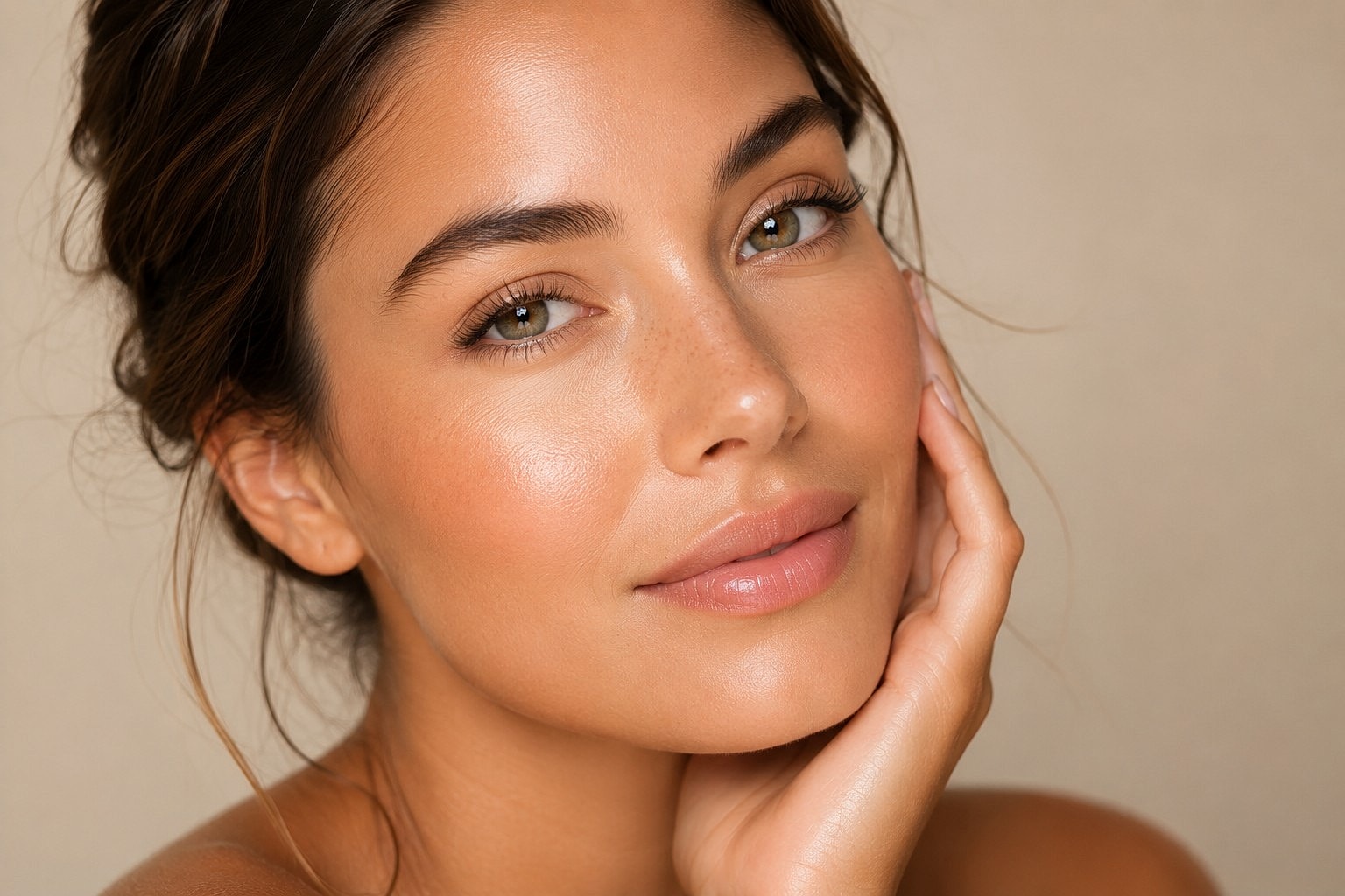 Smiling woman with natural makeup and glowing skin.