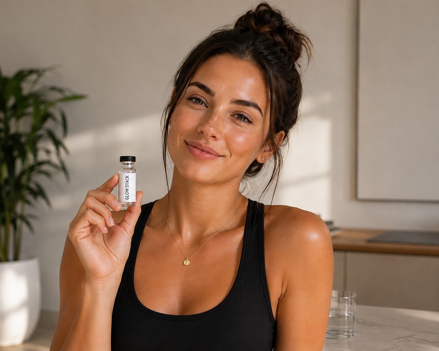 Smiling woman holding skincare product in kitchen.