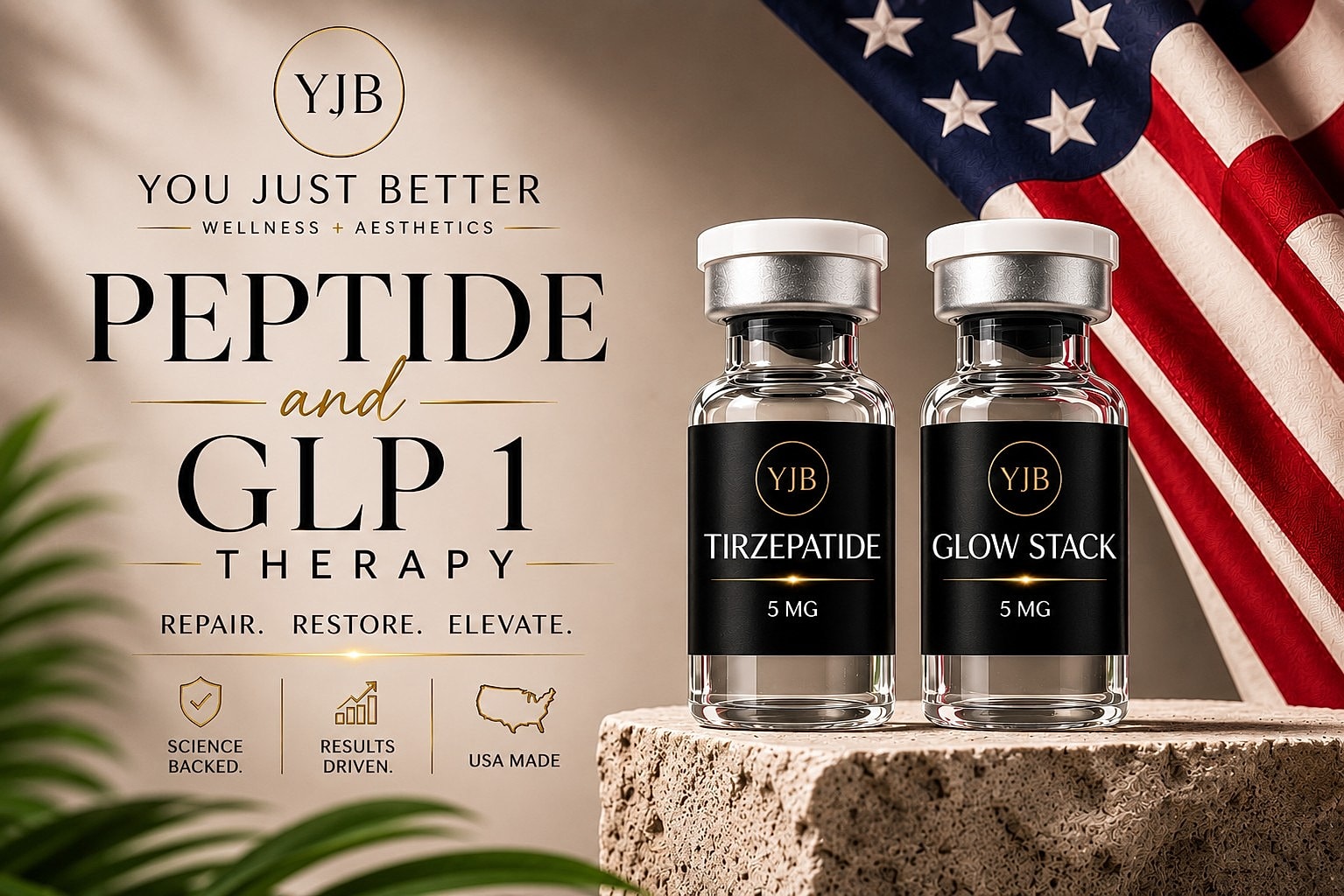 Peptide therapy products with American flag backdrop.