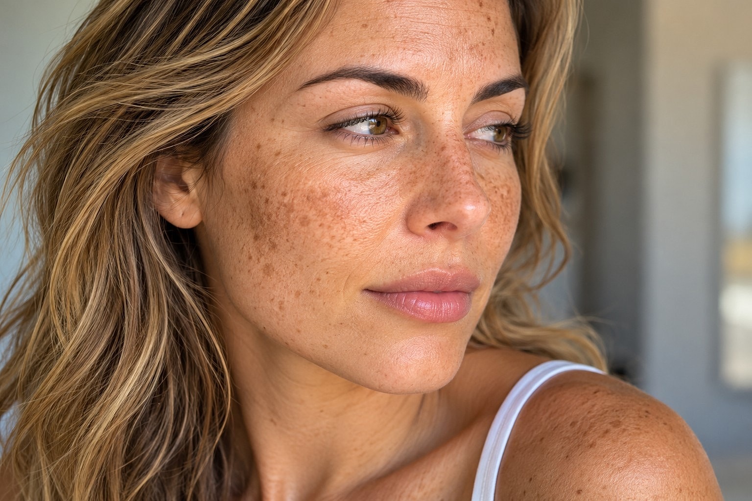 Woman with freckled skin and wavy hair.