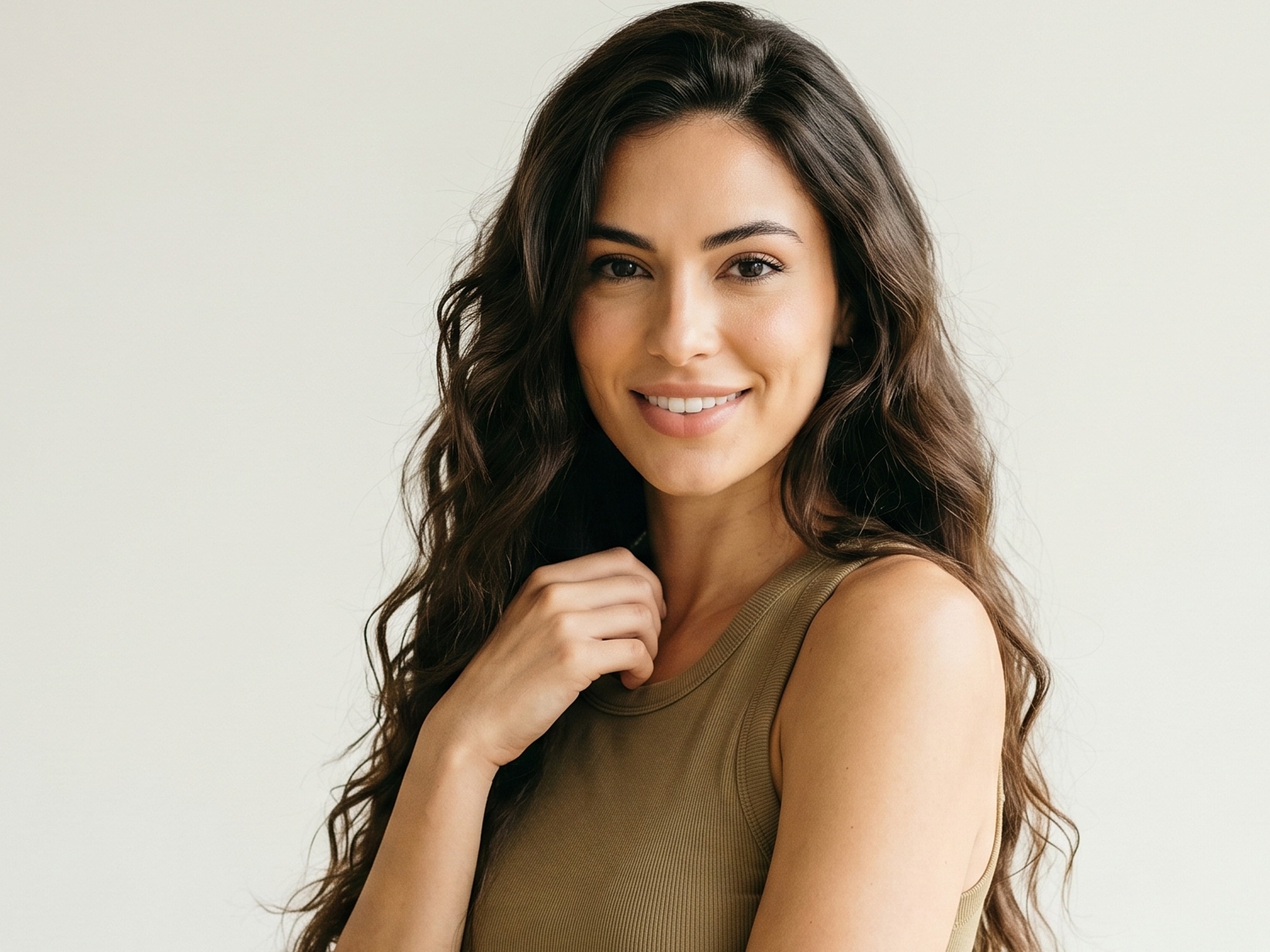 Smiling woman with long, curly hair, wearing beige.